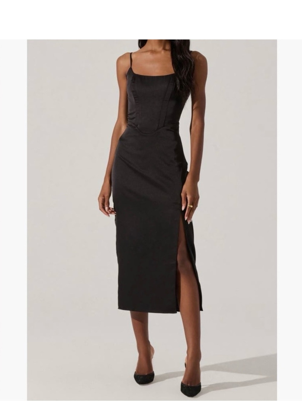 ASTR Black Satin Midi Dress with Side Slit